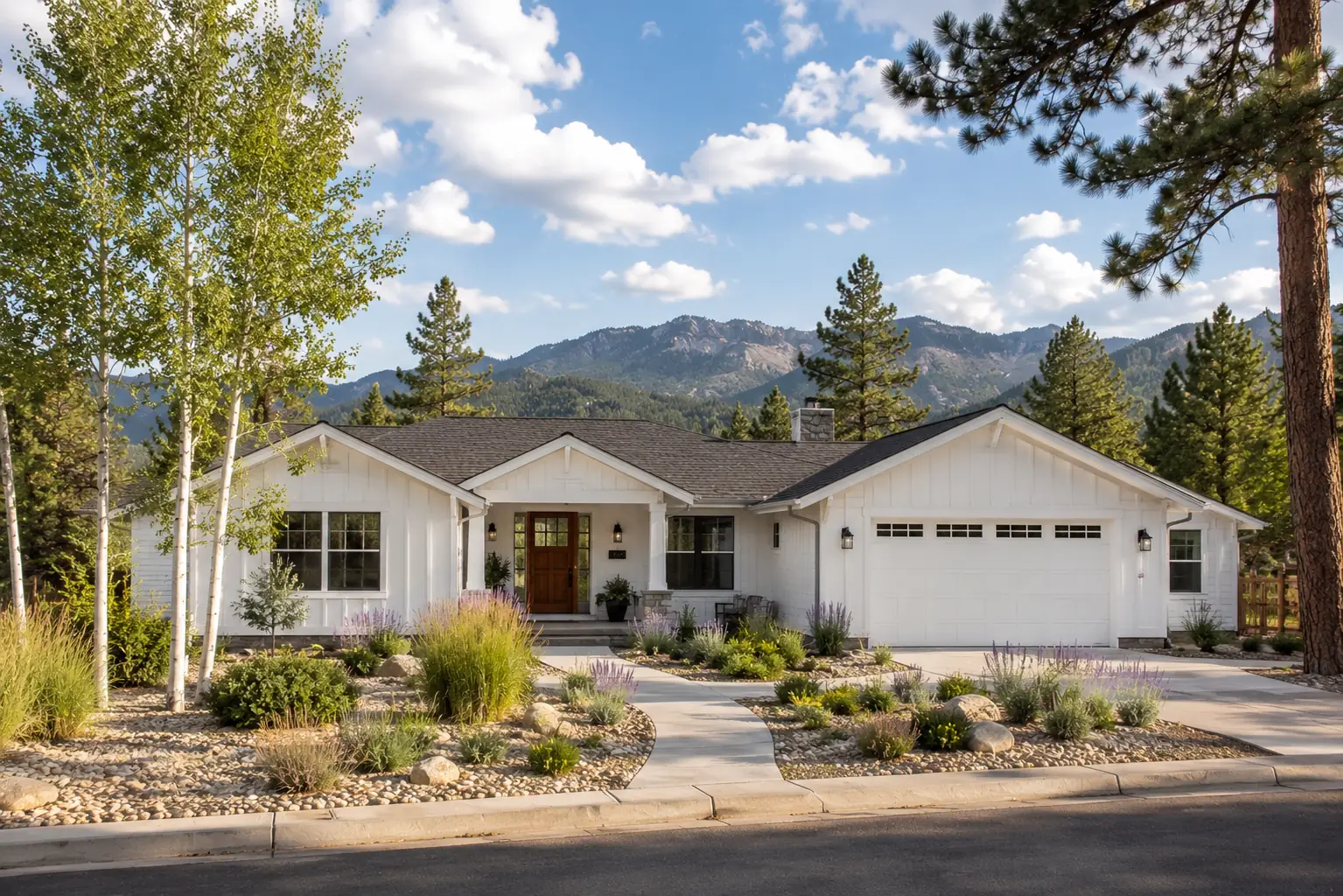 Modern white farmhouse with a covered porch and Colorado mountains in the background