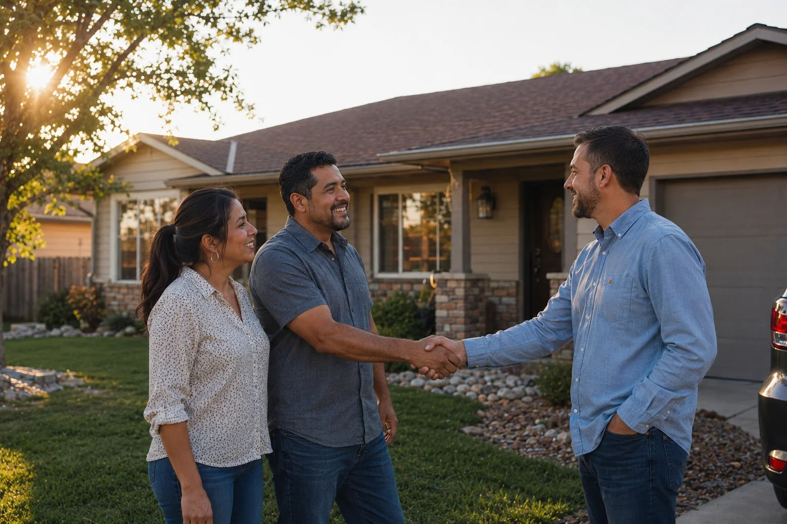 Colorado homeowners shaking hands with a Simple Home Sale buyer in front of their home at golden hour