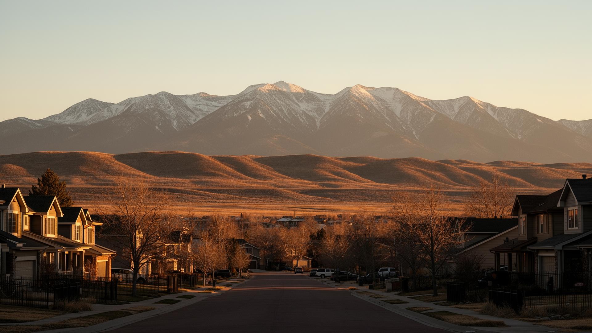 Aerial view of a Colorado neighborhood at golden hour