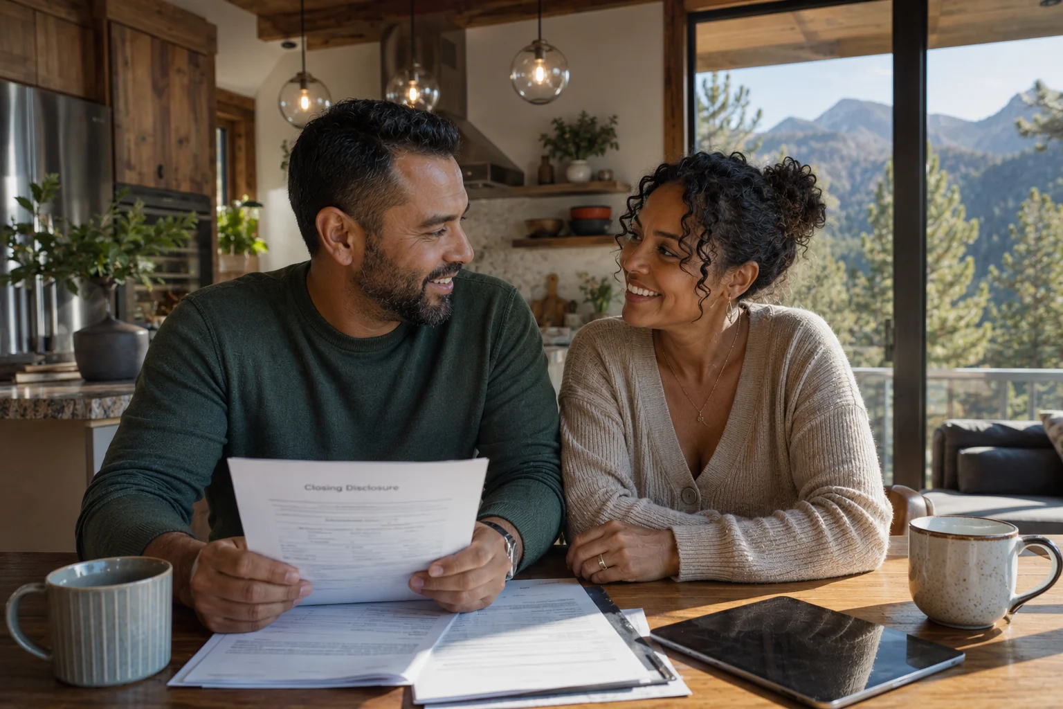 Colorado couple reviewing a closing disclosure together at their kitchen table